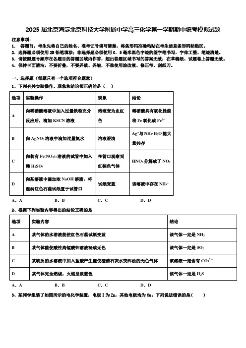 2025届北京海淀北京科技大学附属中学高三化学第一学期期中统考模拟试题含解析