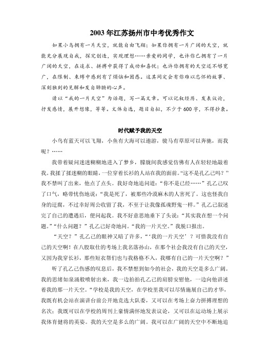 2003年江苏扬州中考满分作文《时代赋予我的天空》