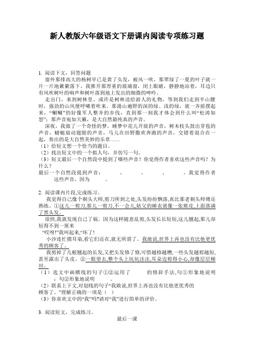 新人教版六年级语文下册课内阅读专项练习题