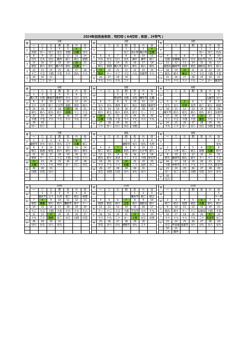 2024年日历A4打印农历