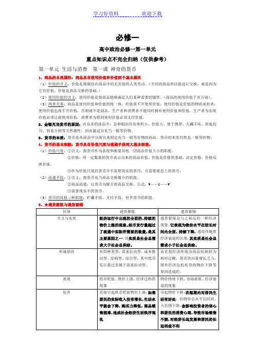 高中政治必修一经济生活第一单元知识点重点总结