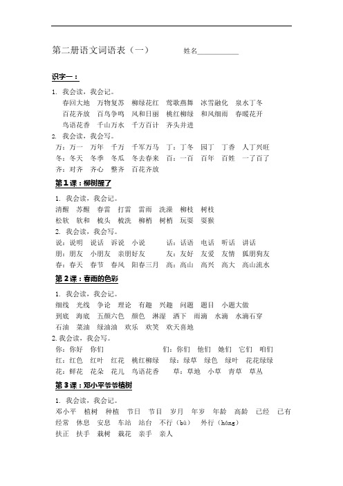 人教版一年级下册语文我会写词语表