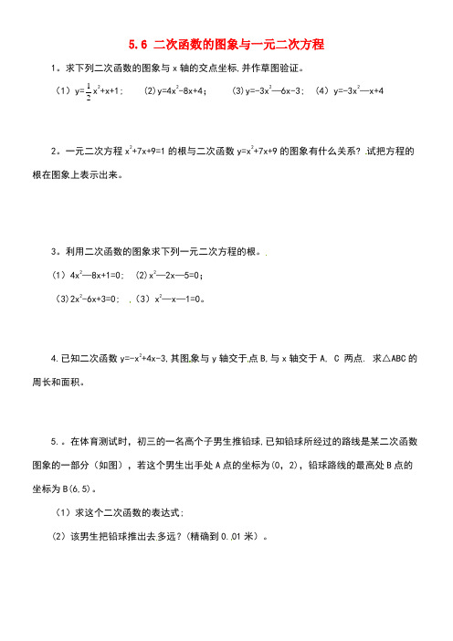 九年级数学下册5.6二次函数的图象与一元二次方程同步练习青岛版