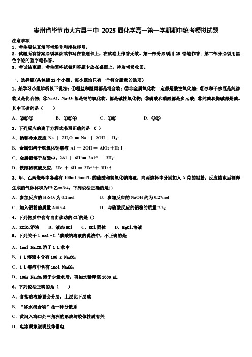 贵州省毕节市大方县三中2025届化学高一第一学期期中统考模拟试题含解析