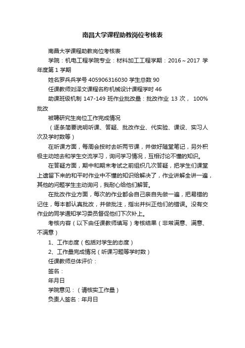 南昌大学课程助教岗位考核表