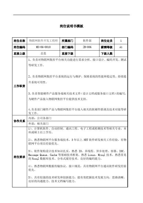 物联网软件开发工程师岗位说明书JD模板工作职责和任职要求