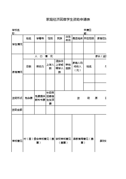 家庭经济困难学生资助申请表