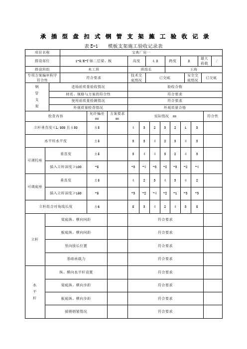 承插型模板支架搭设验收表