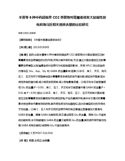 半夏等6种中药超临界CO2萃取物对青霉素诱发大鼠痫性放电和海马区相关递质含量的比较研究