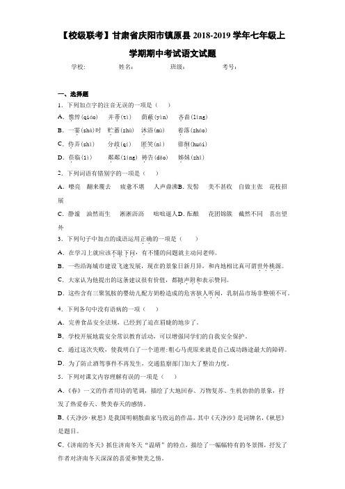 甘肃省庆阳市镇原县2020至2021学年七年级上学期期中考试语文试题