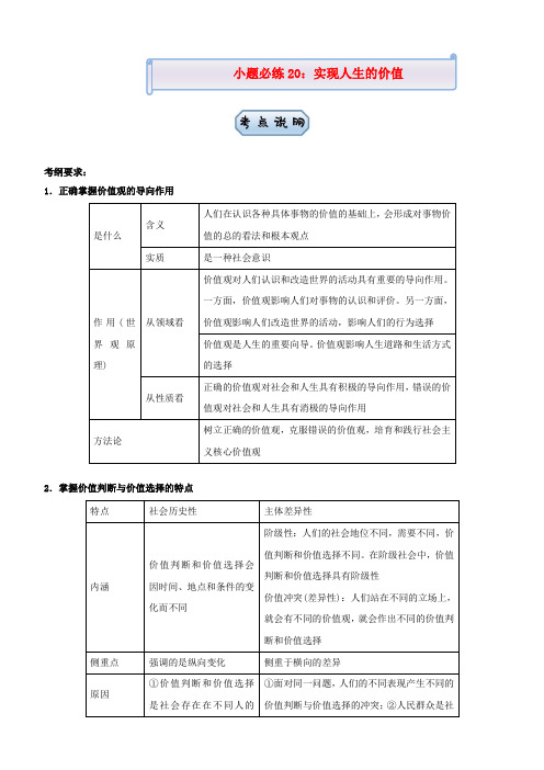 新高考政治小题必练20实现人生的价值