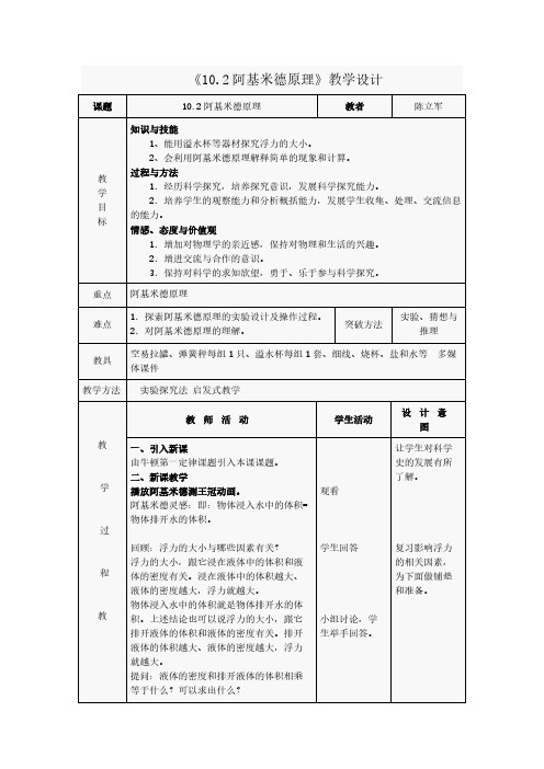 人教版初中物理八年级下册 第2节 阿基米德原理 初中八年级下册物理教案教学设计课后反思人教版