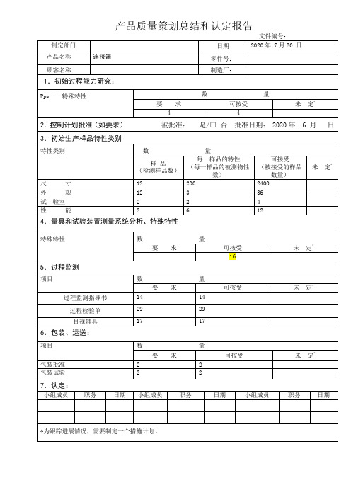 产品质量策划总结和认定报告和管理者支持