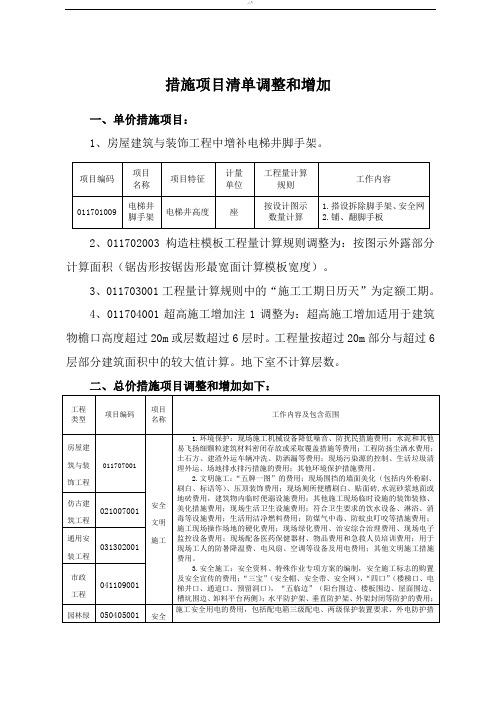 措施项目清单调整和增加