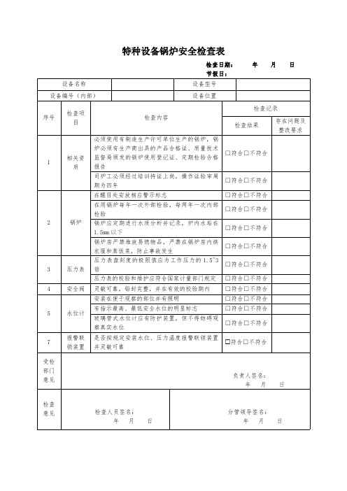 特种设备锅炉安全检查表 