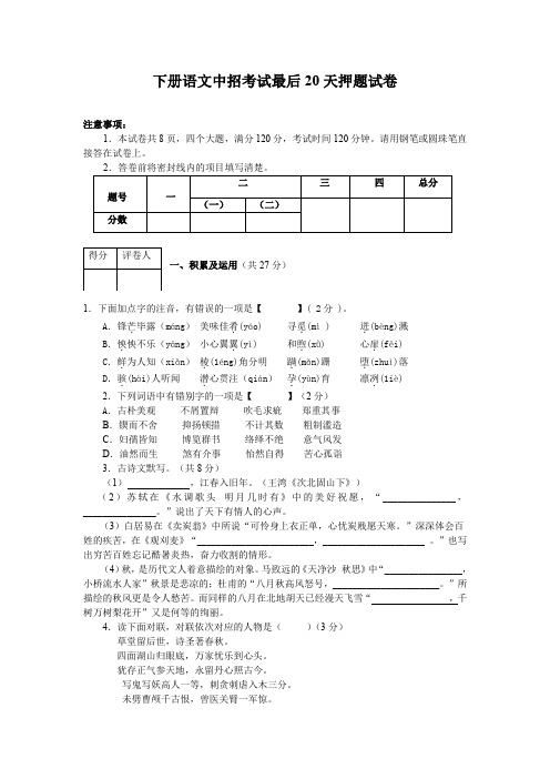 下九年级语文中招考试最后20天押题试卷