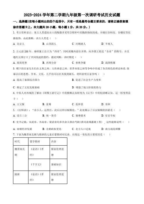 2024年江苏省盐城市滨海县中考一模历史试题(原卷版)