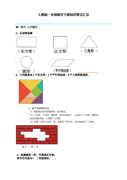 人教版一年级数学下册知识要点汇总