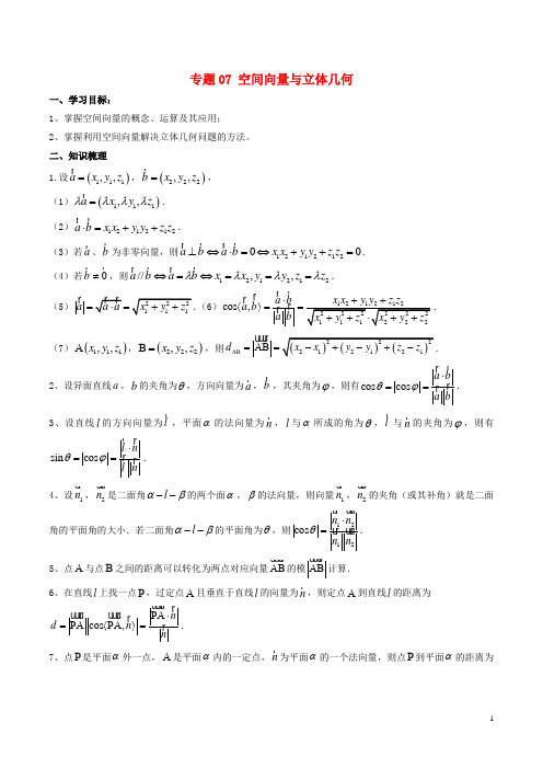 2017_2018学年高二数学上学期期末复习备考讲练专题07空间向量与立体几何导学案理