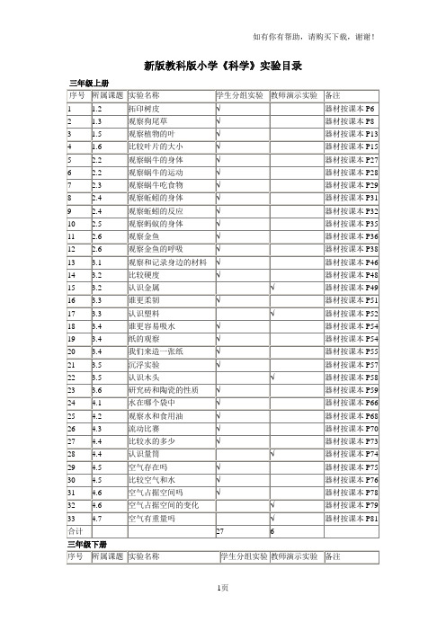 新版教科版小学科学实验一览表