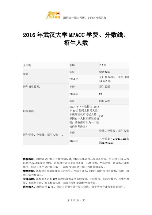 2016年武汉大学MPACC学费、分数线、招生人数