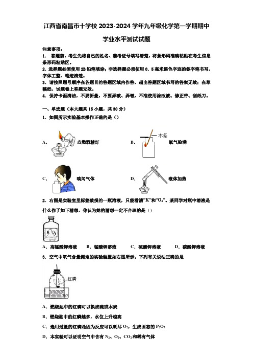 江西省南昌市十学校2023-2024学年九年级化学第一学期期中学业水平测试试题含解析