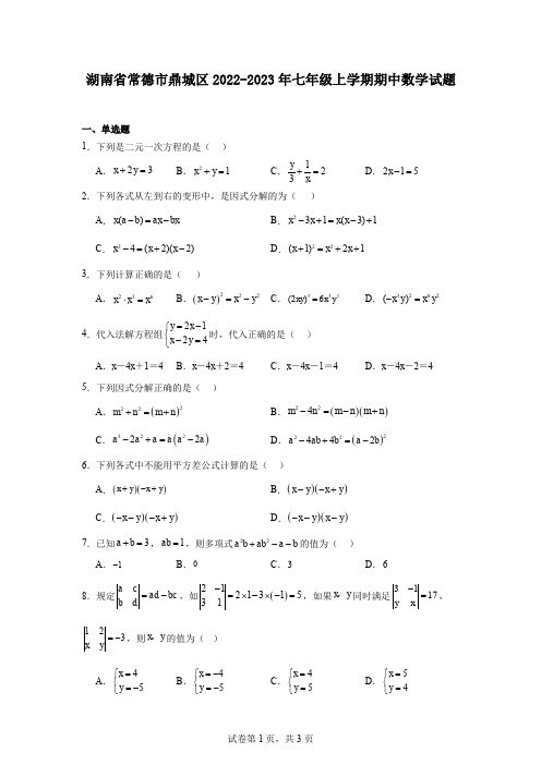 湖南省常德市鼎城区2022-2023年七年级上学期期中数学试题