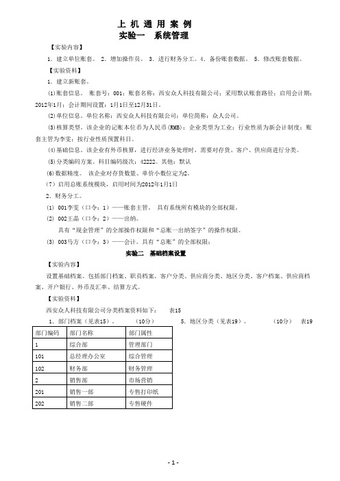 电算化上机操作题-总账(实验一-实验七)