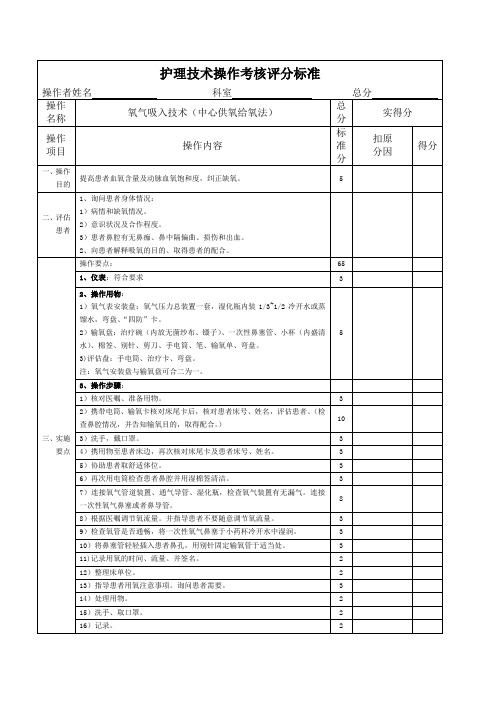 中心供氧操作考核评分标准