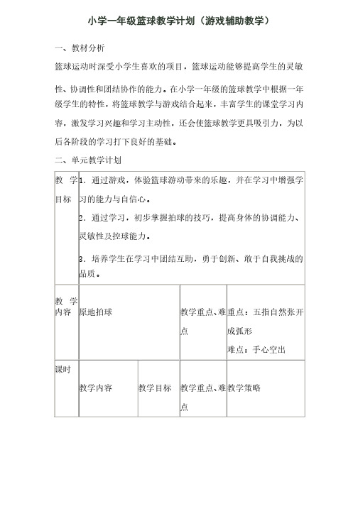 小学一年级篮球教学计划