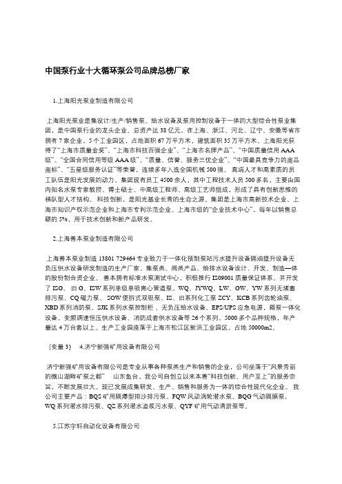 中国泵行业十大循环泵公司品牌总榜厂家