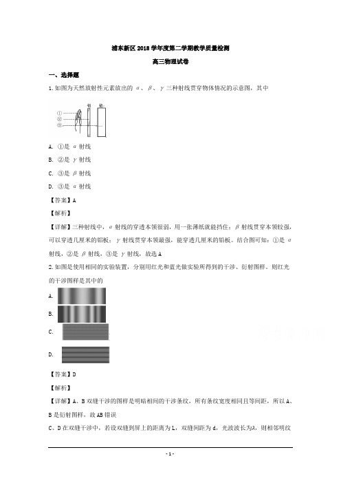 上海市浦东区2019届高三下学期第二次模拟教学质量检测物理试卷 Word版含解析