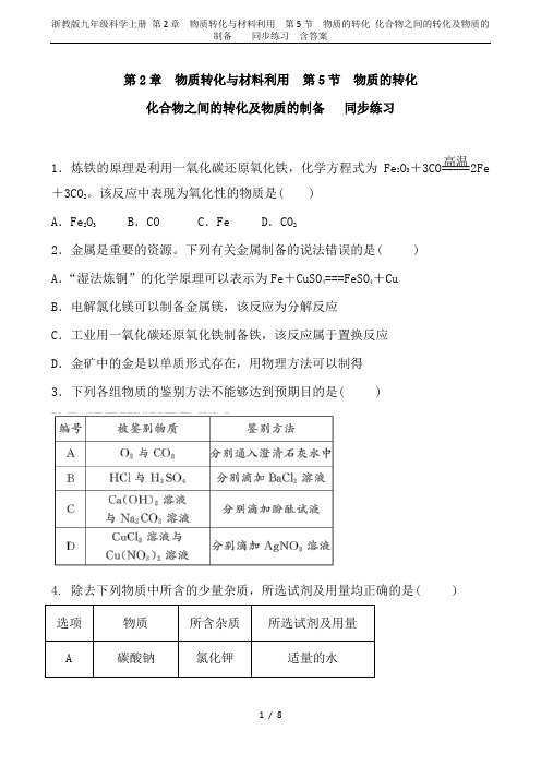 浙教版九年级科学上册 第2章 物质转化与材料利用  第5节  物质的转化 化合物之间的转化及物质的制