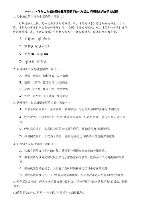 2022-2023学年山东省济南市章丘双语学校七年级上学期期末语文语文试题