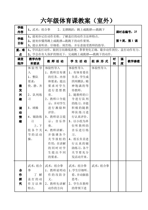 武术：组合拳     2、支撑跳跃：跳上成跪撑----跪跳下