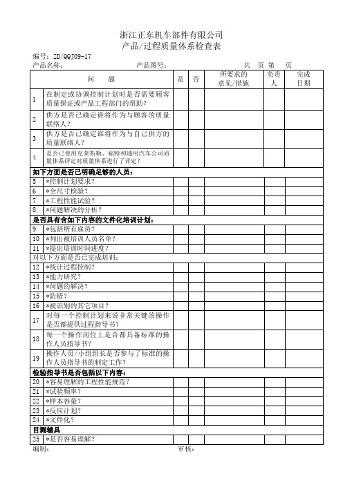 产品、过程质量体系检查表