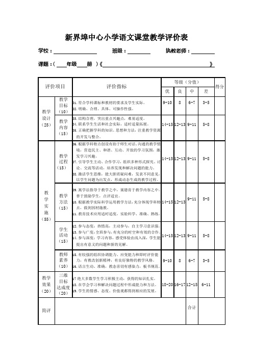 小学语文课堂教学评分表