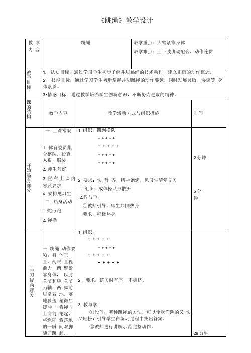 《跳绳》(教案) 体育与健康五年级上册  人教版(表格式)