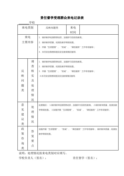 责任督学受理群众来电记录表