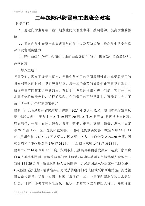 最新二年级防汛防雷电主题班会教案