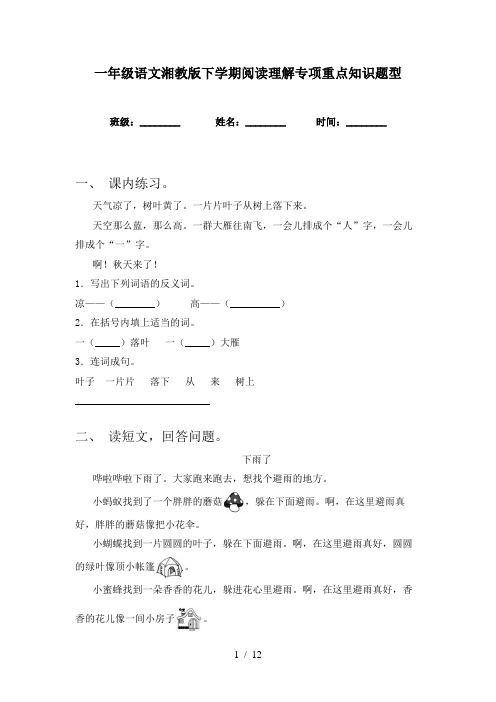 一年级语文湘教版下学期阅读理解专项重点知识题型