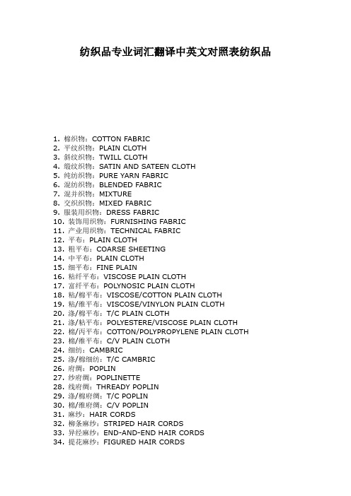 纺织品专业词汇翻译中英文对照表纺织品