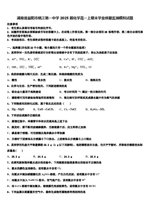 湖南省益阳市桃江第一中学2025届化学高一上期末学业质量监测模拟试题含解析