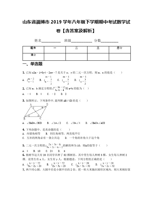 山东省淄博市2019学年八年级下学期期中考试数学试卷【含答案及解析】