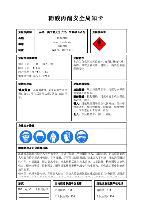 硝酸丙酯安全周知卡、职业危害告知卡、理化特性表