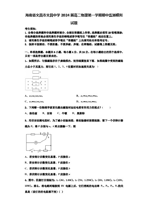 海南省文昌市文昌中学2024届高二物理第一学期期中监测模拟试题含解析