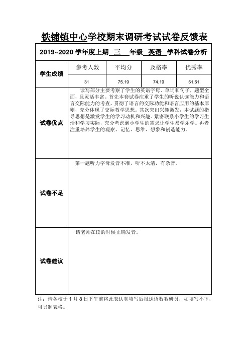 三年级英语 2019-2020学年度上期学校期末考试试卷分析