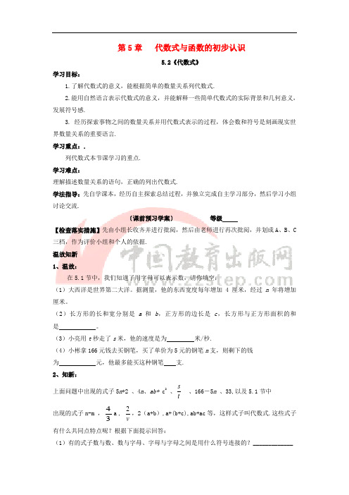 七年级数学上册 第五章 代数式与函数的初步认识 5.2《代数式》导学案(无答案)(新版)青岛版