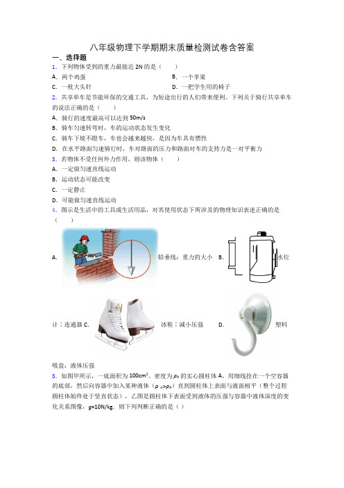 八年级物理下学期期末质量检测试卷含答案