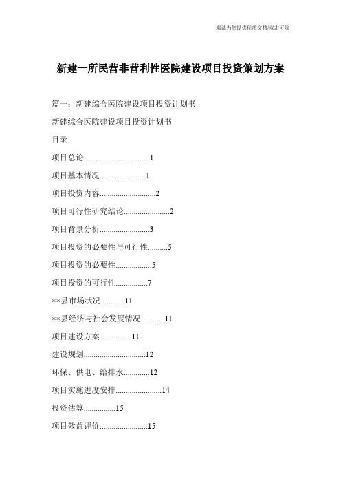 新建一所民营非营利性医院建设项目投资策划方案